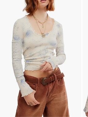 We the free - clover Cream Long Sleeve Floral Ribbed Top